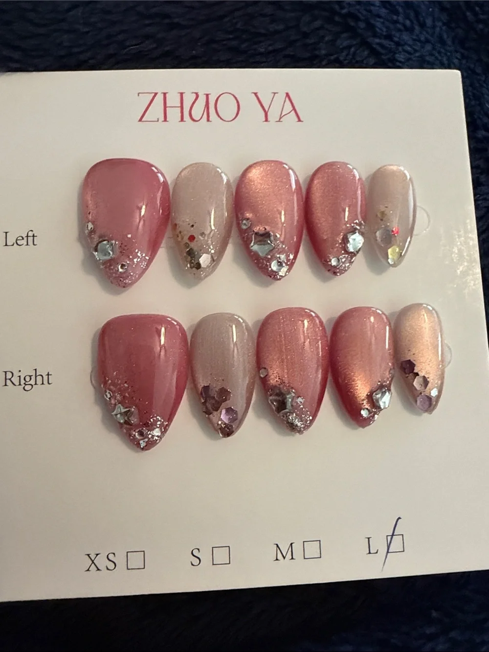 Pink  Pearl Cateye handmade acrylic Press-On Nail Set with Rhinestones